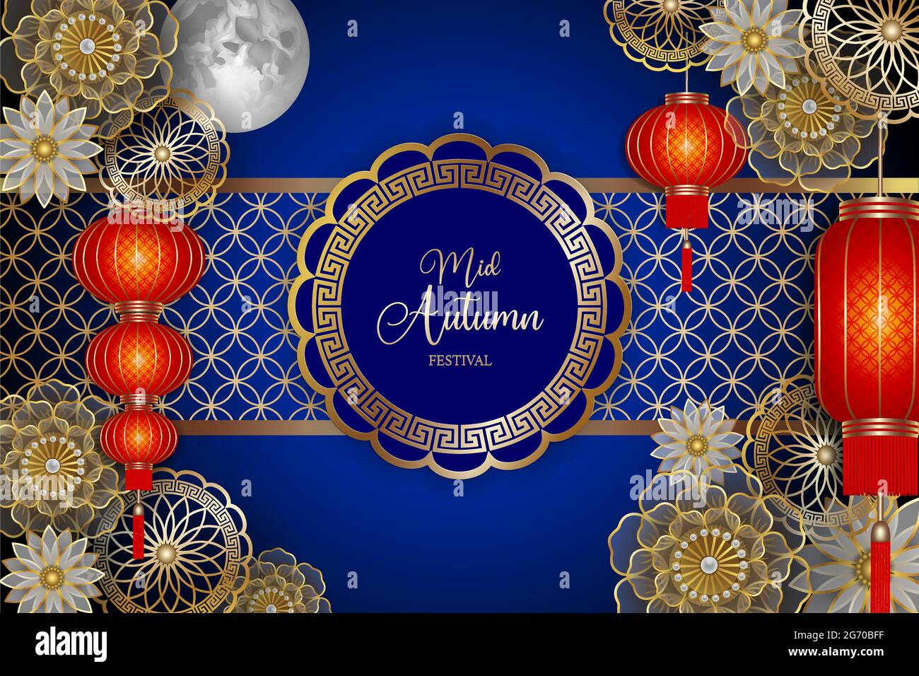Chinese mid autumn festival background with red lanterns and golden flowers Stock Vector