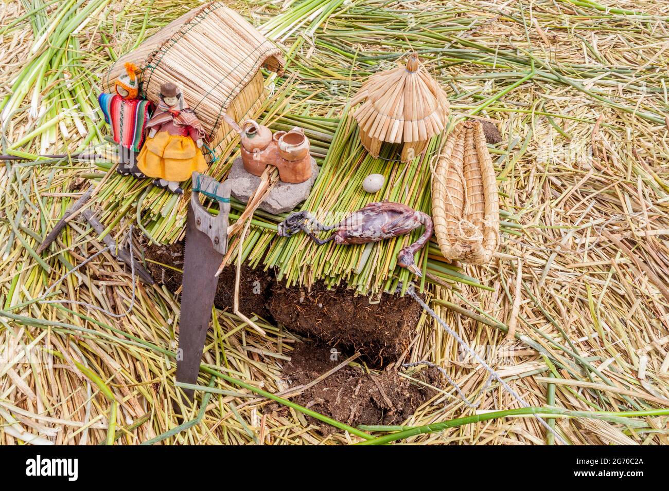 Model of reed houses on Uros floating islands, Titicaca lake, Peru