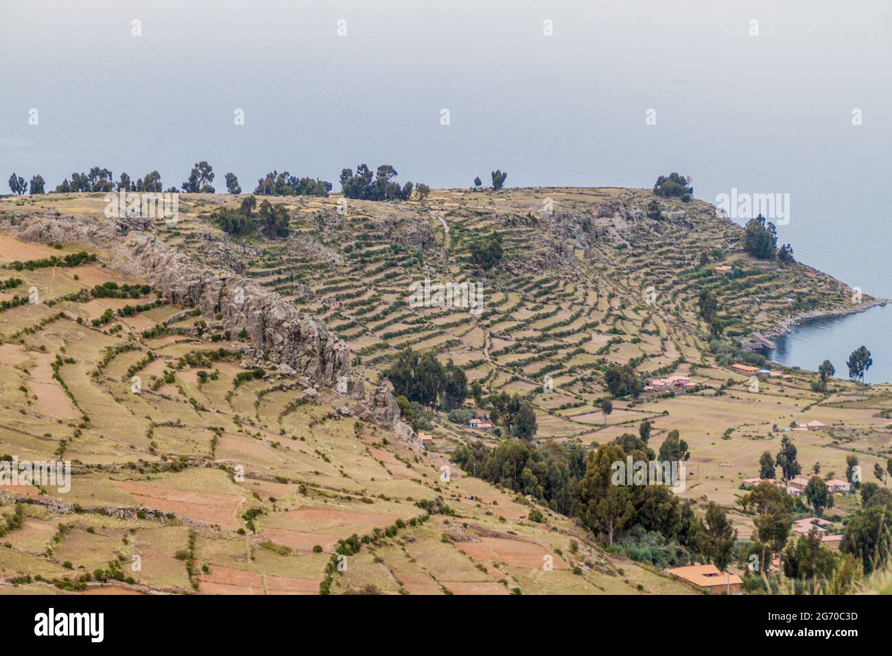 Agricultural terraces on Amantani island in Titicaca lake, Peru Stock Photo