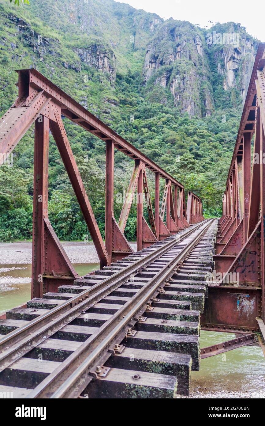Railway bridge in Urubamba river valley near Aguas Calientes village, Peru Stock Photo