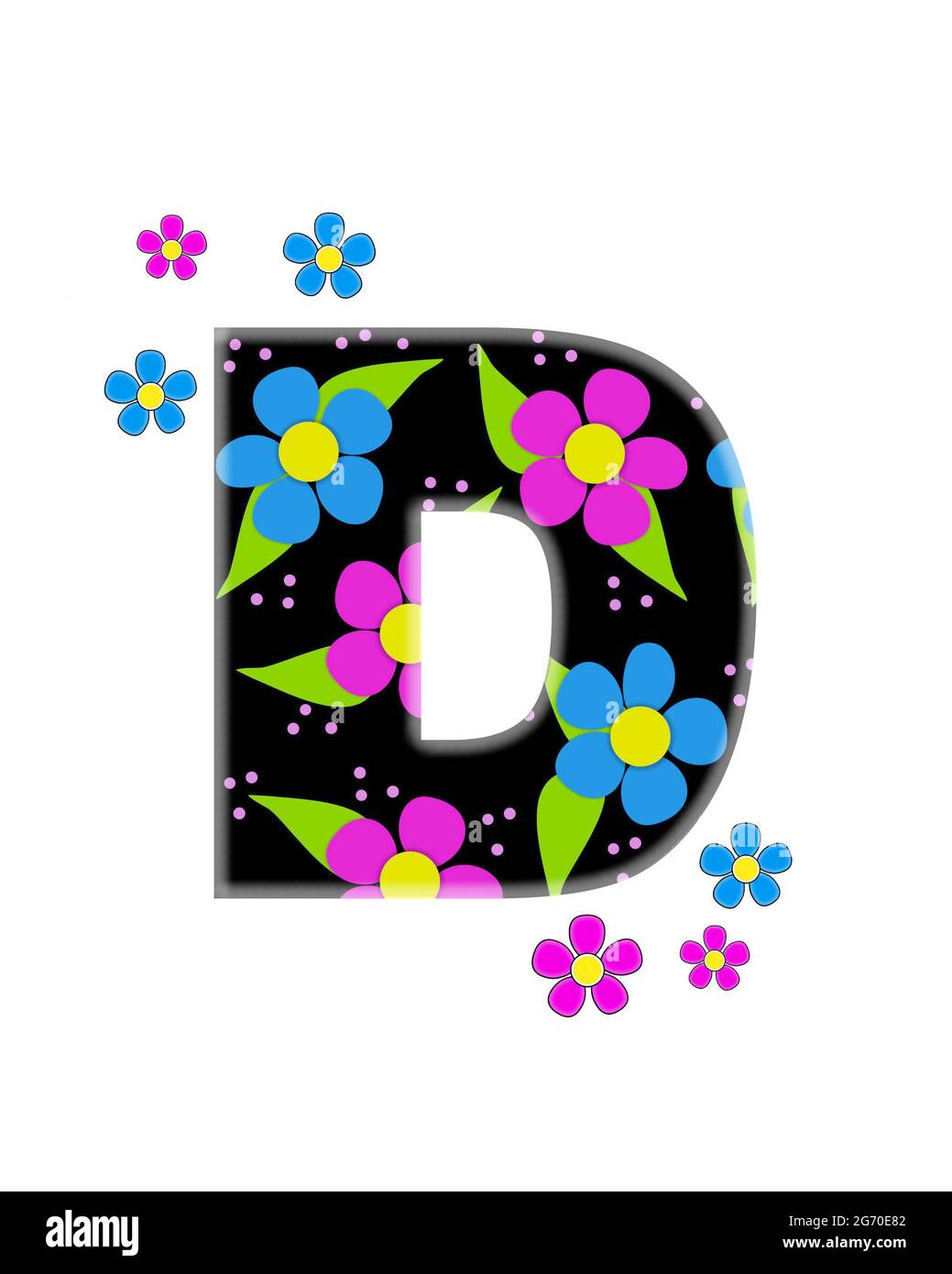 The letter D, in the alphabet set 'Flower Topia,' light black and filled with big pink and blue flowers.  Same flowers decorate outside edges of Lette Stock Photo