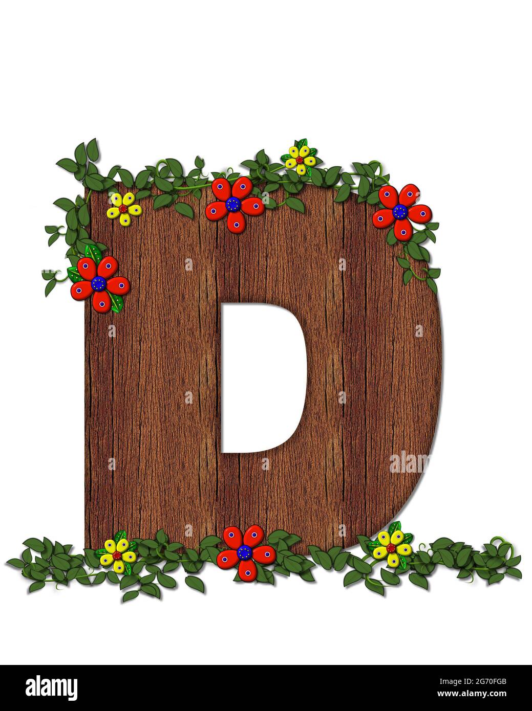 The letter D, in the alphabet set 'Woodsy Owl' is filled with wood texture.  3D flowers hand on vines surrounding letter. Stock Photo