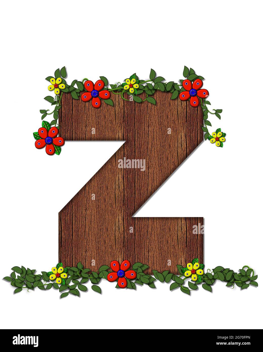 The Letter Z In The Alphabet Set Woodsy Owl Is Filled With Wood Texture 3d Flowers Hand On Vines Surrounding Letter Stock Photo Alamy