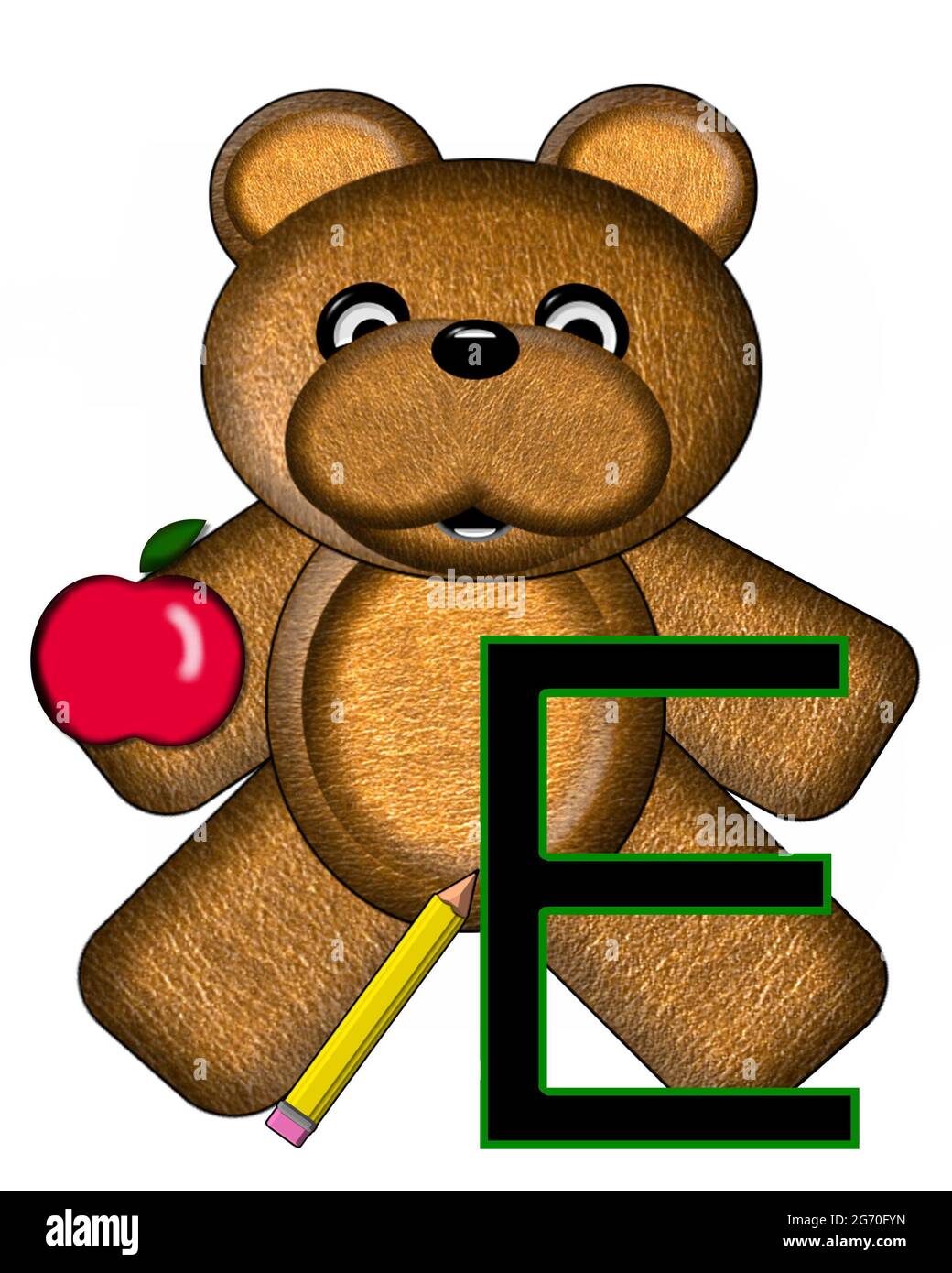 The letter E, in the alphabet set "Bear Alphabet Lesson" is decorated with a pencil and apple