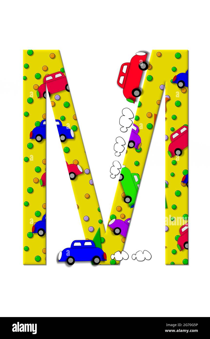 The letter M, in the alphabet set 'Automobile Sputter' is decorated inside and out with cars driving and exhaust fumes. Stock Photo