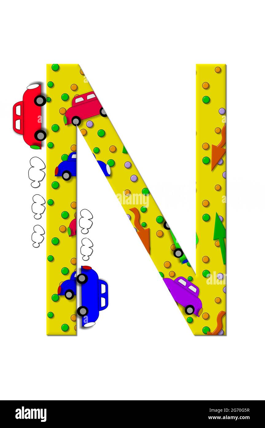 The letter N, in the alphabet set 'Automobile Sputter' is decorated inside and out with cars driving and exhaust fumes. Stock Photo