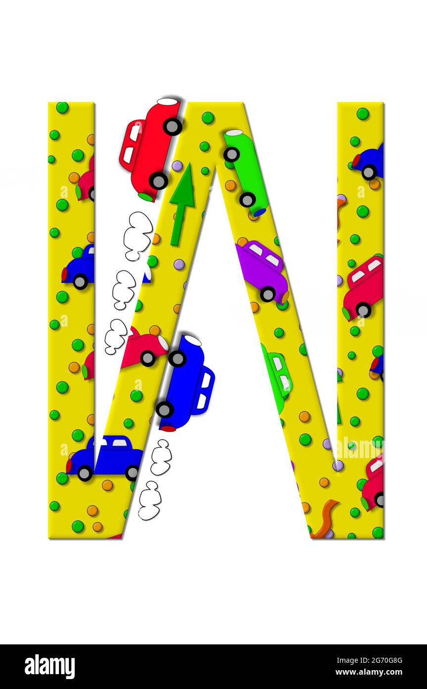 The letter W, in the alphabet set 'Automobile Sputter' is decorated inside and out with cars driving and exhaust fumes. Stock Photo