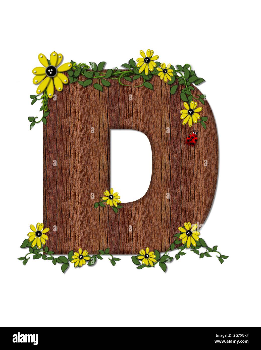 The letter D, in the alphabet set 'Ladybug and Sunflower' is filled with wood texture.  Ladybug, sunflowers and vines decorate letter. Stock Photo