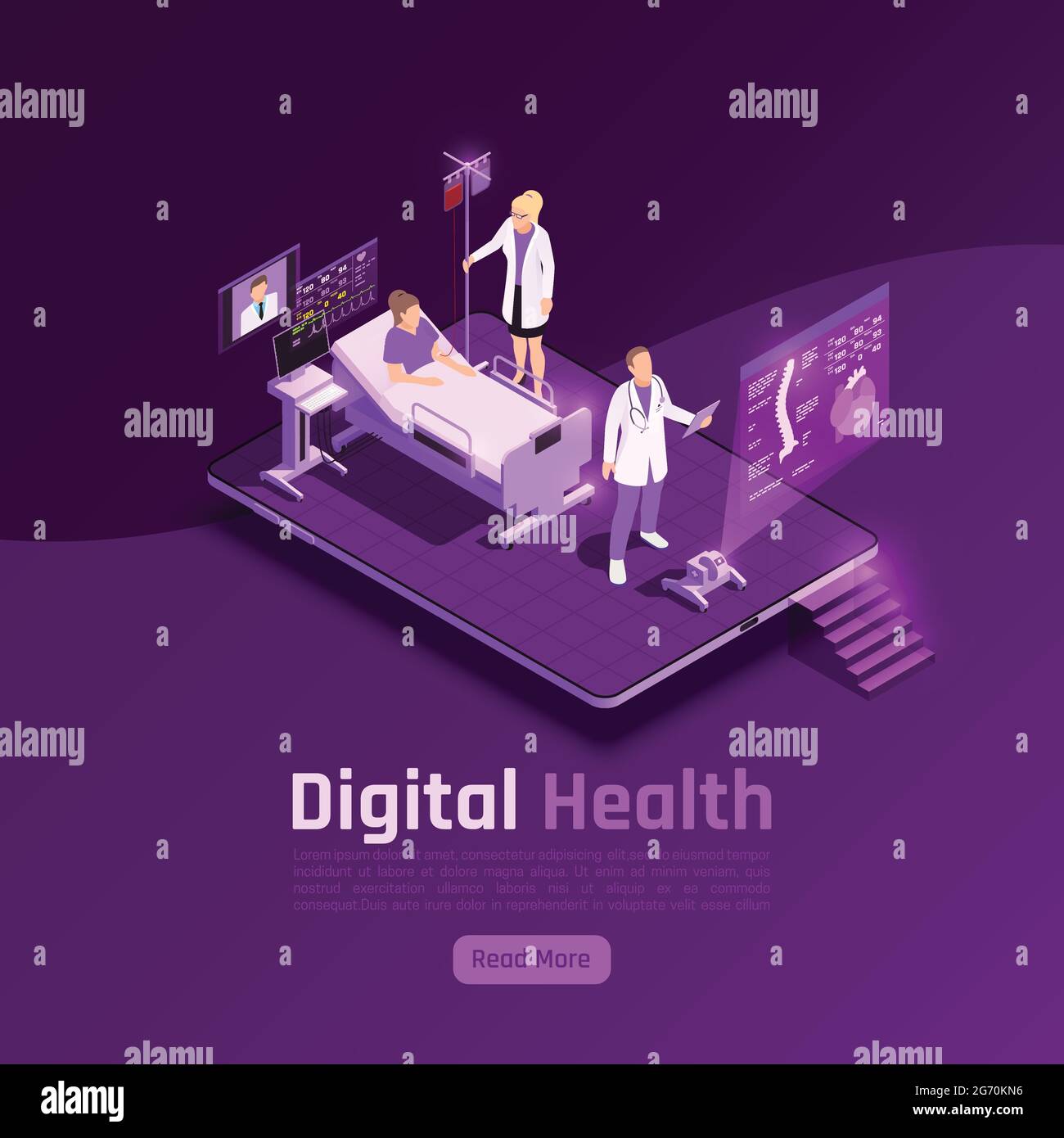 Telemedicine digital health glow isometric background composition with futuristic images of