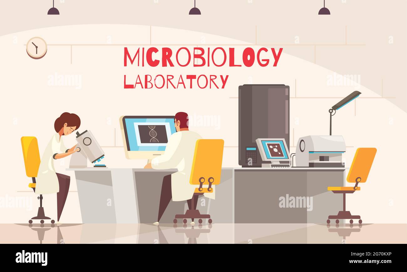 Microbiology laboratory background composition with indoor view of lab ...