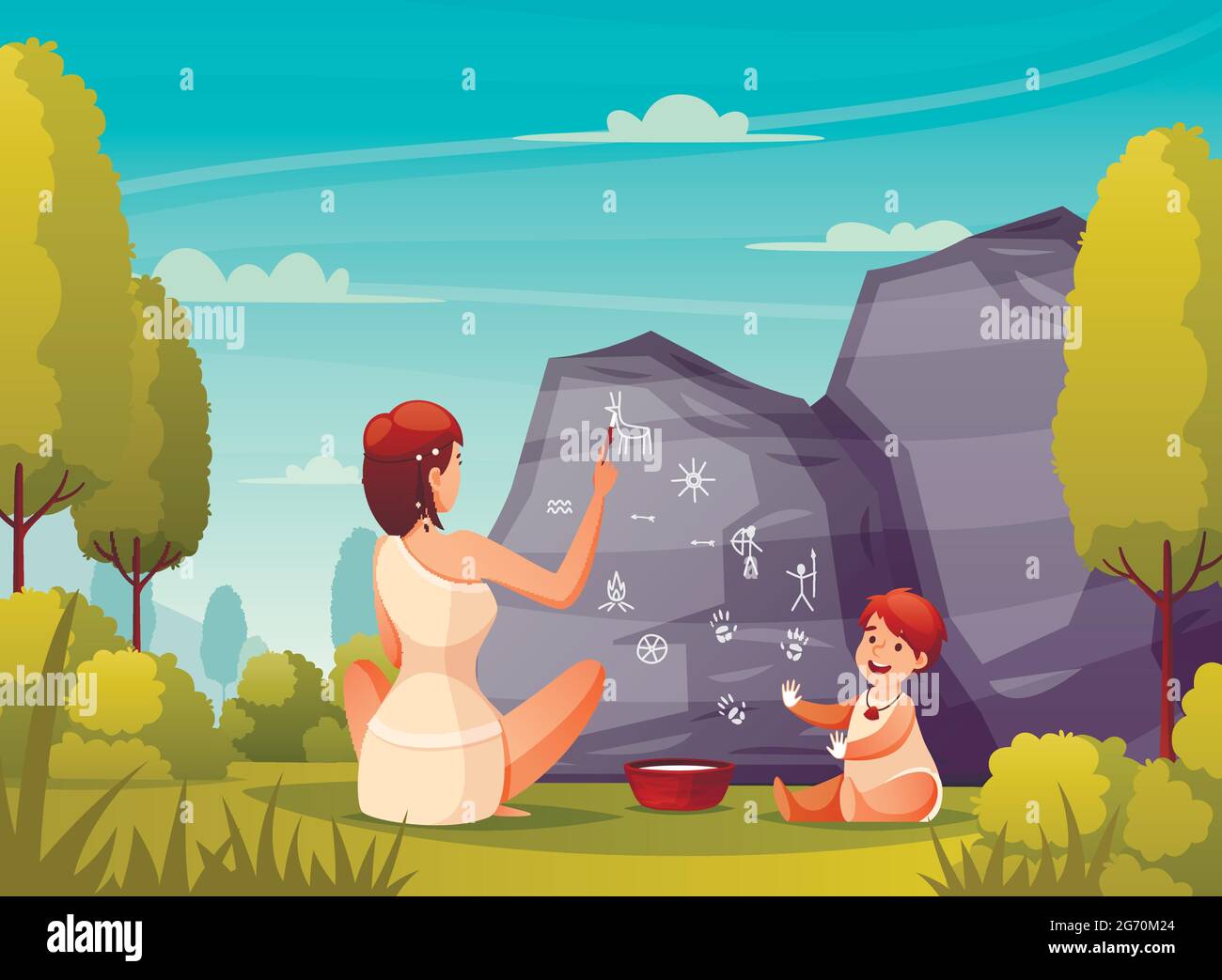 Prehistoric people rock art flat composition with caveman woman and kid painting on cave wall vector illustration Stock Vector