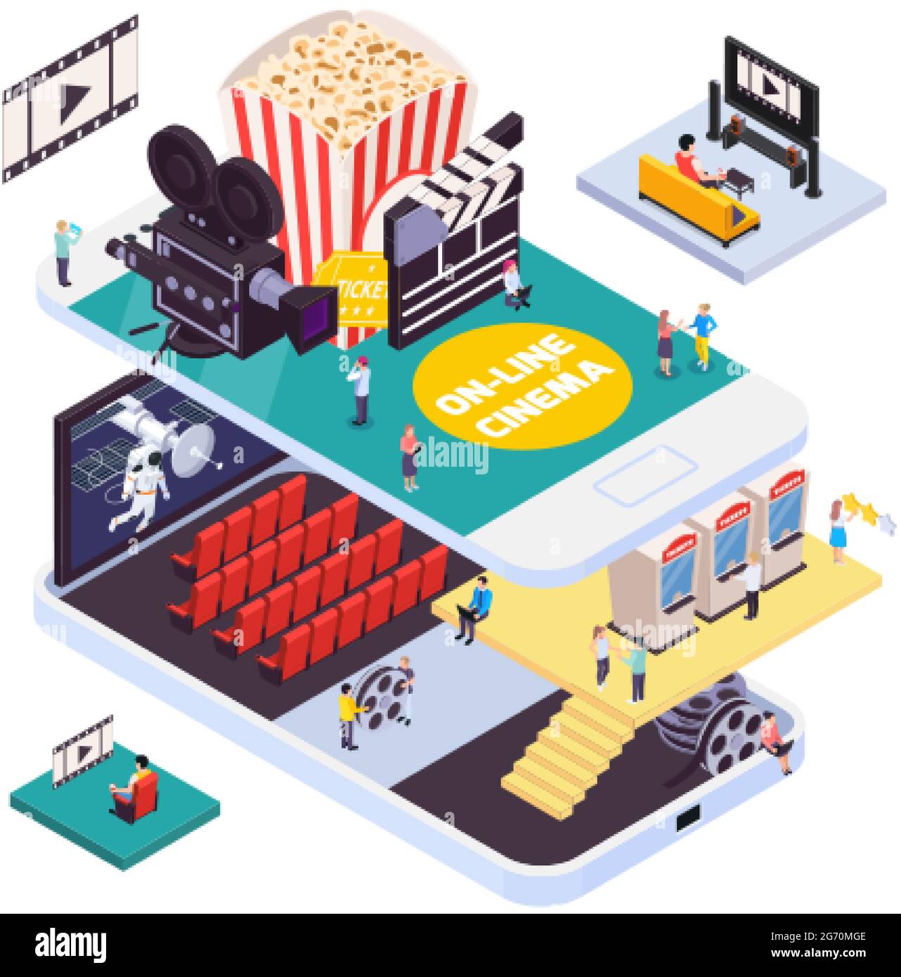 Isometric cinema composition with smartphone shaped platforms and movie theater insides with furniture screens and people vector illustration Stock Vector