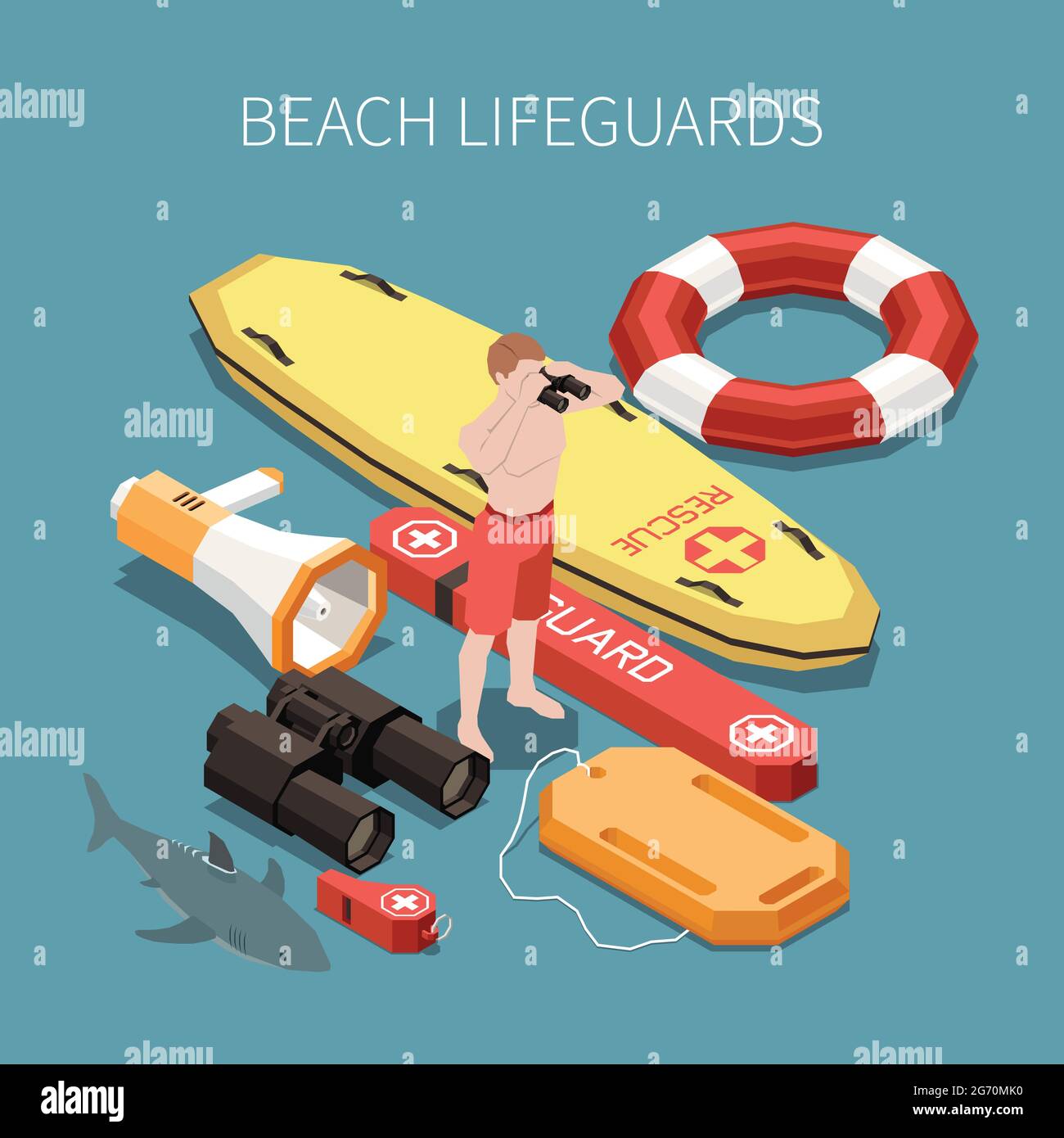 Inventory of beach lifeguard isometric composition with surf board