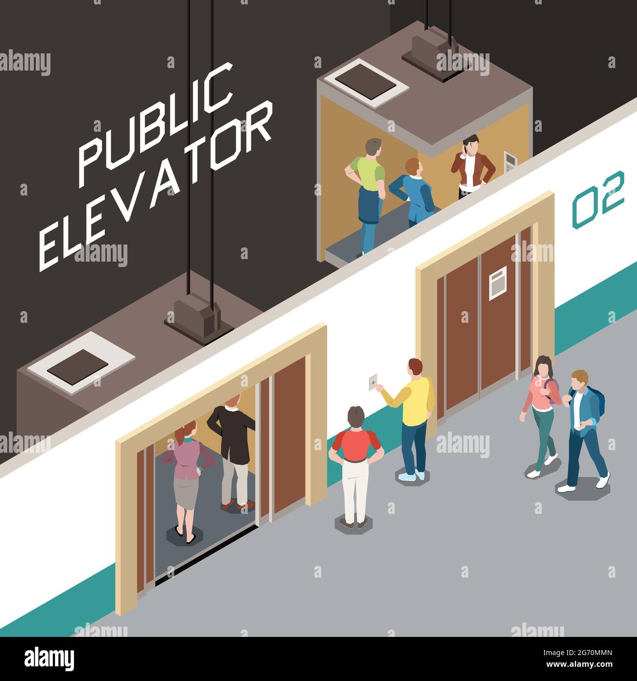 Isometric composition with lift shaft and people using public elevator 3d vector illustration Stock Vector