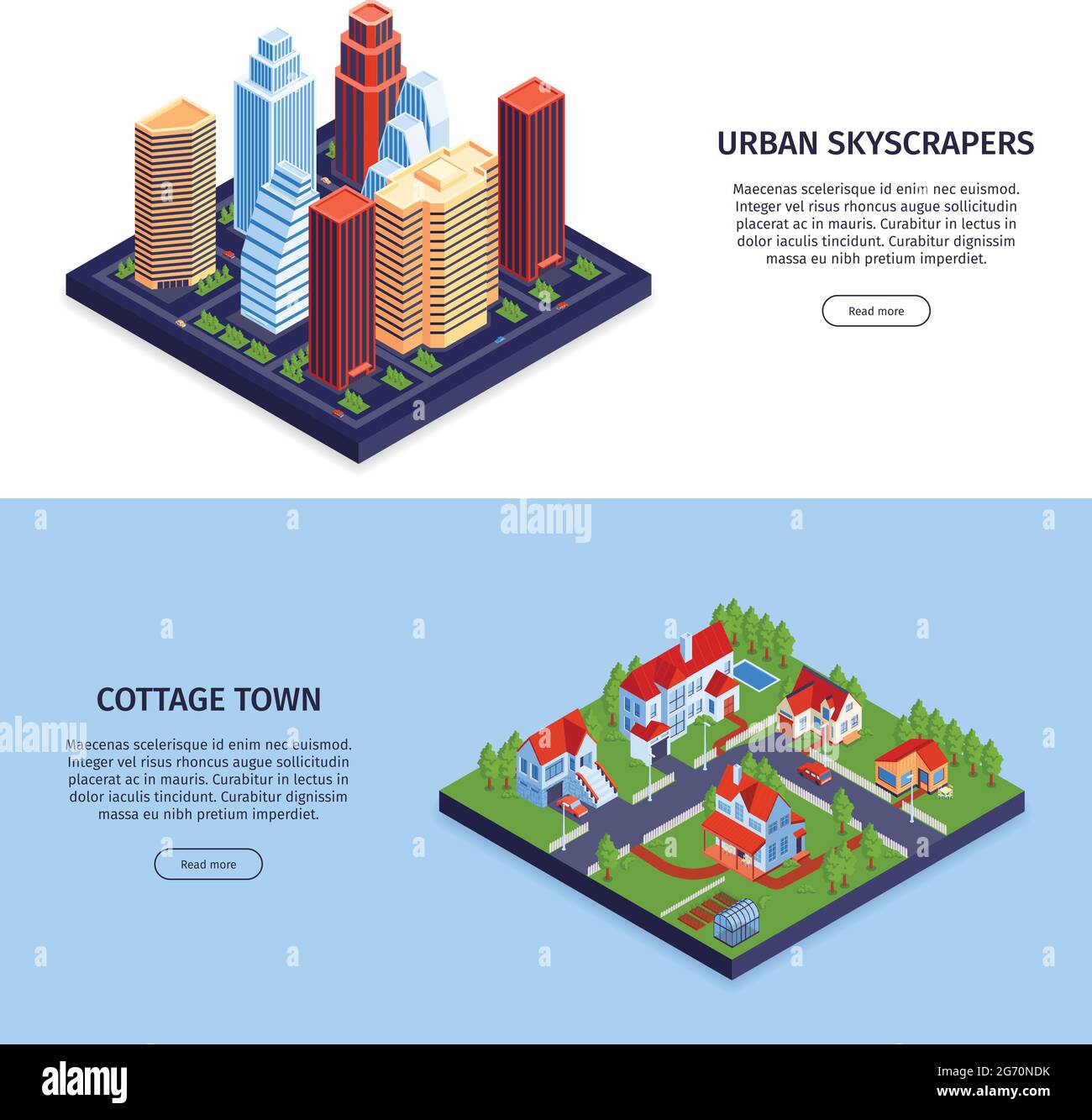 Isometric town city banners set with editable text read more button and images of cottages skyscrapers vector illustration Stock Vector