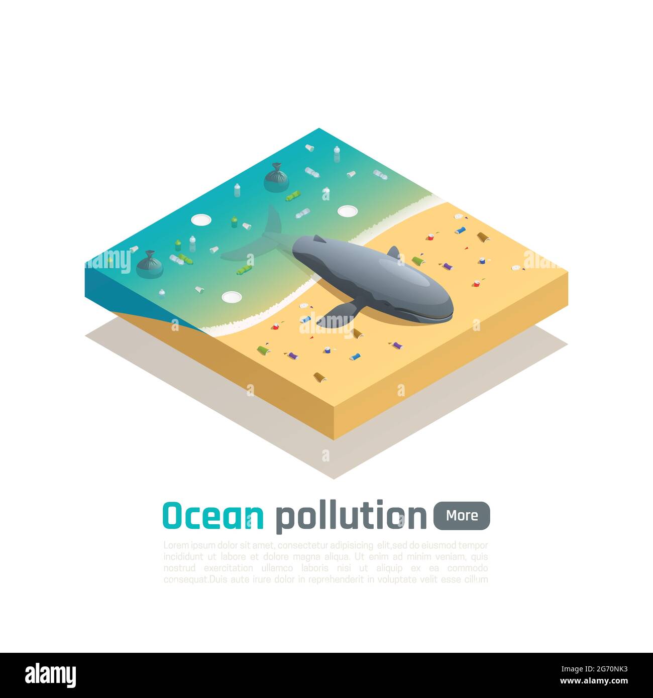 Ocean pollution isometric composition with view of dead whale on polluted sea coast with editable text vector illustration Stock Vector