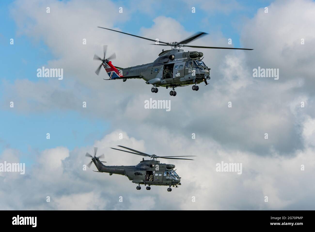 RAF Puma helicopters taking off from AAC Middle Wallop as part of the Puma 50th Anniversary flying tour of the UK on the 7th July 2021. Stock Photo