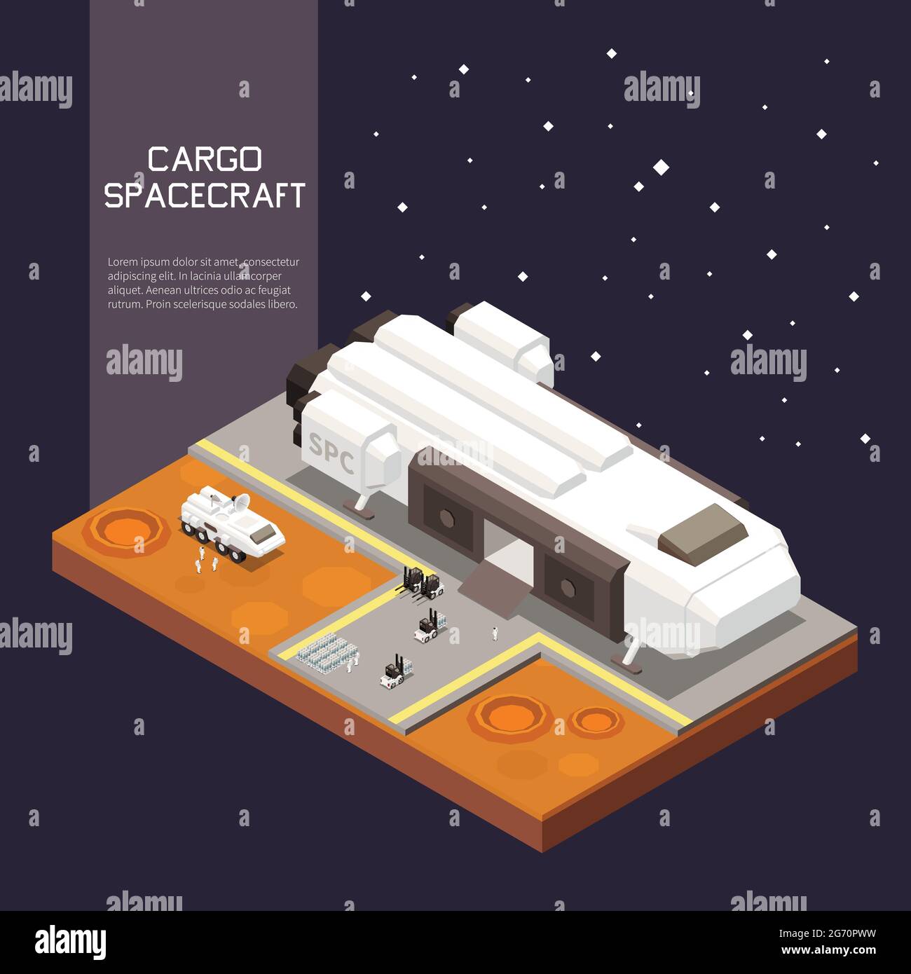 Cargo loading process into space ship 3d isometric vector illustration Stock Vector