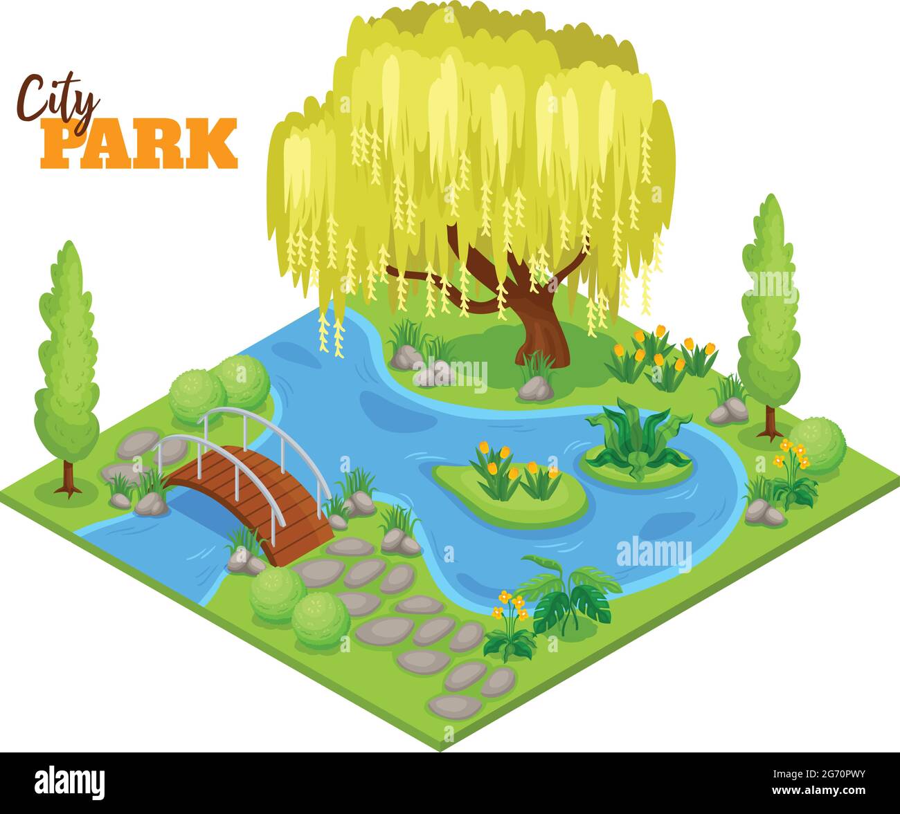 City park concept with lake plants and trees isometric vector ...