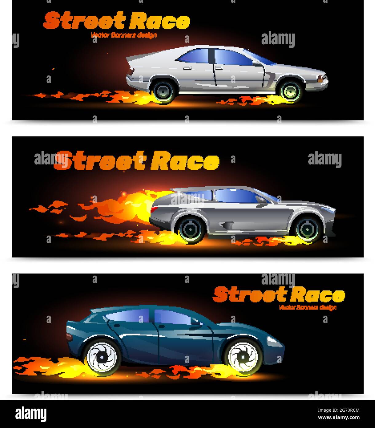 Horizontal banners set with fast race cars on dark background isolated ...