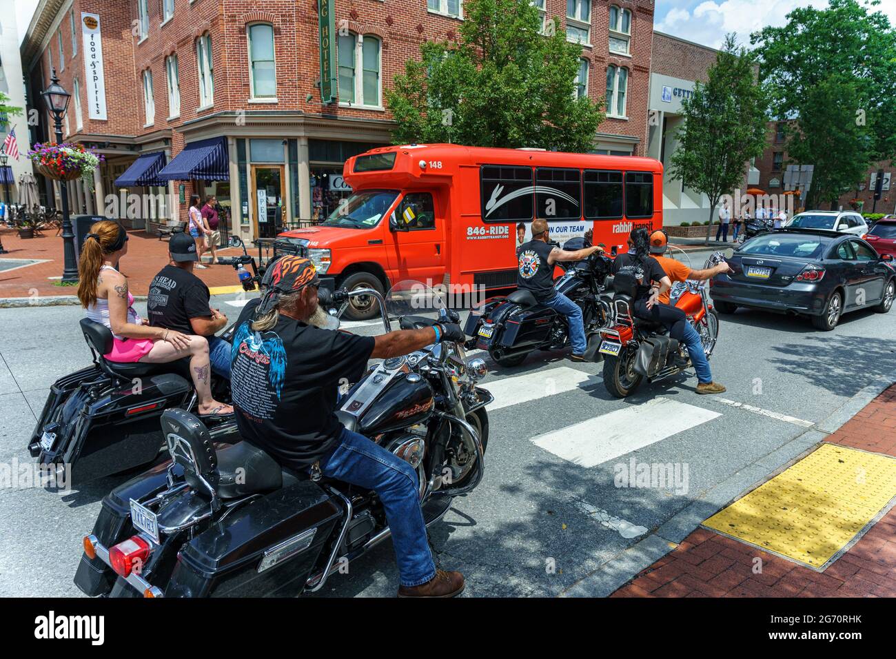 Pennsylvania, USA. 09th July, 2021. Gettysburg, PA, USA - July 9, 2021: Cyclist enthusiasts ride through Gettysburg during Bike Week, which is a large Eastern Pennsylvania rally celebrating its 20th Anniversary. Credit: George Sheldon/Alamy Live News Stock Photo