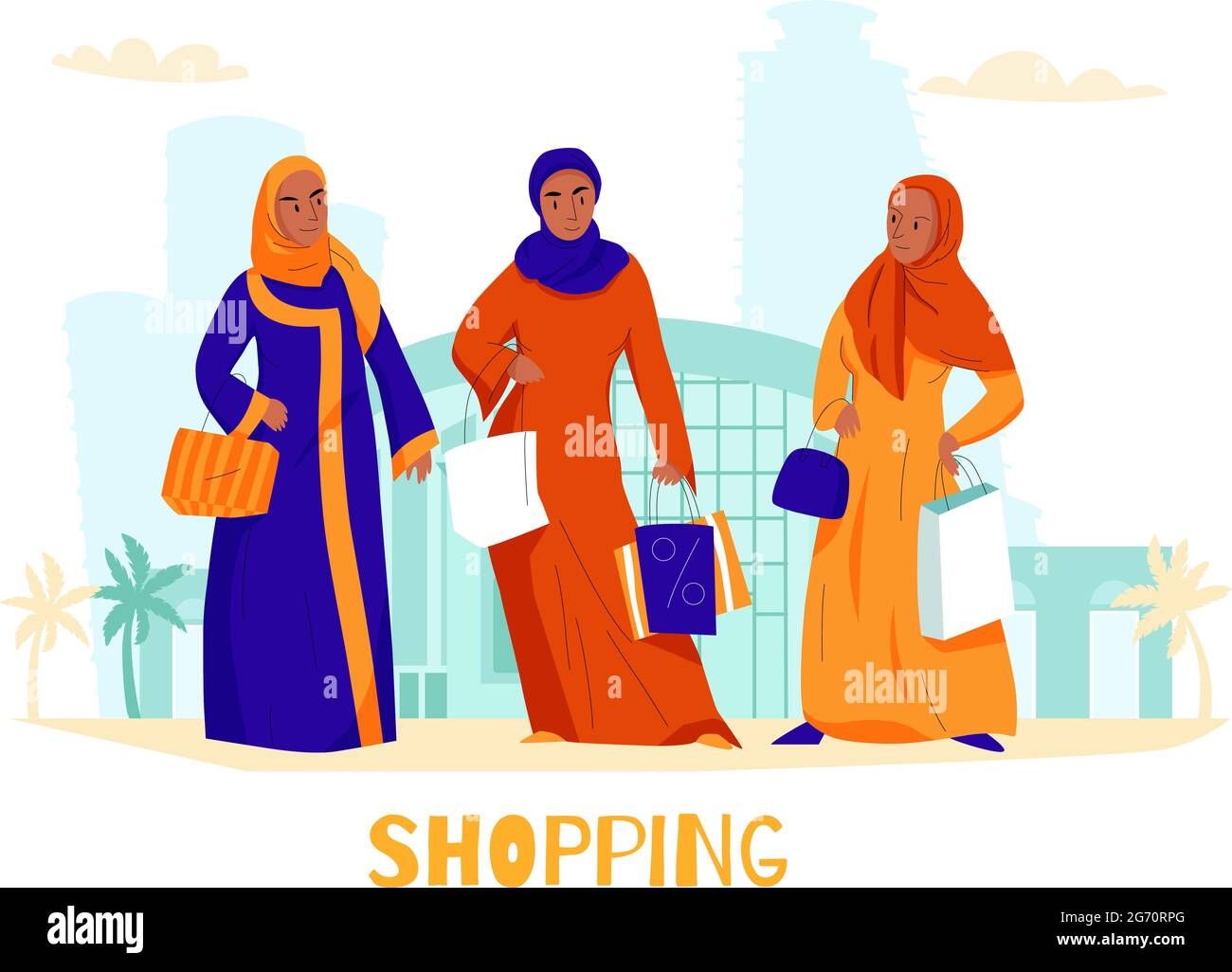 Flat arabs women shopping composition with three women at the shopping center vector illustration Stock Vector