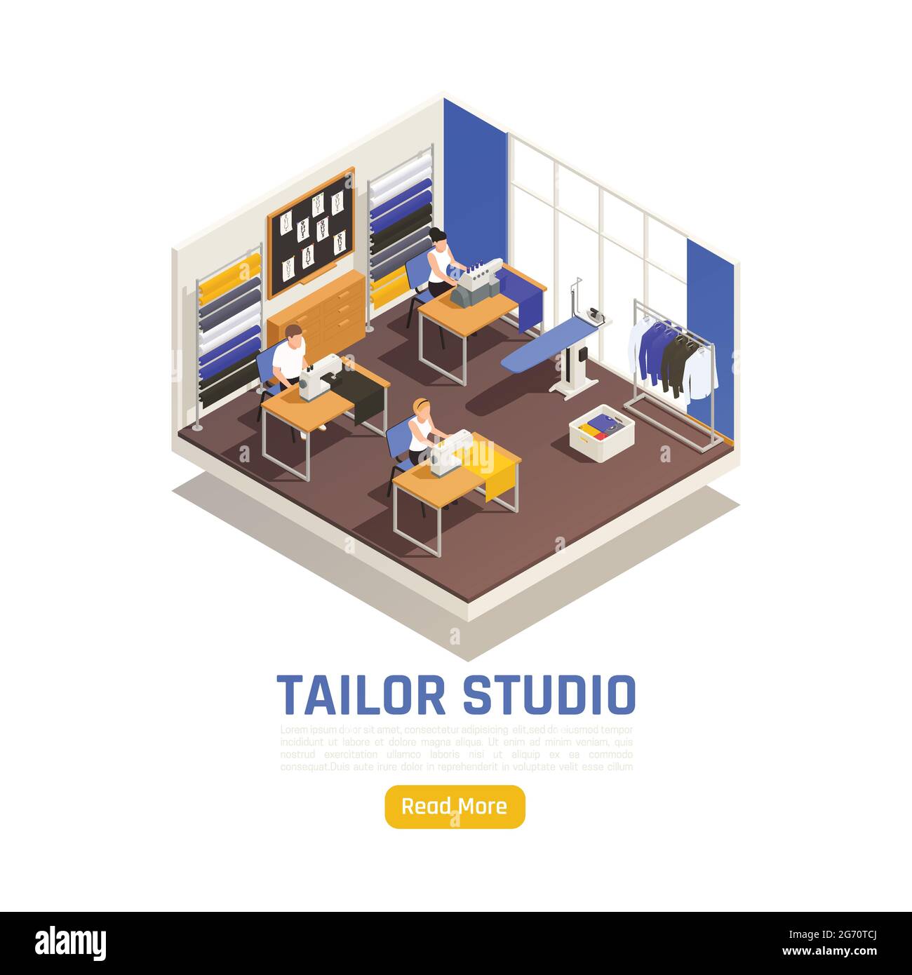 Fashion atelier studio interior isometric composition with dressmakers ...