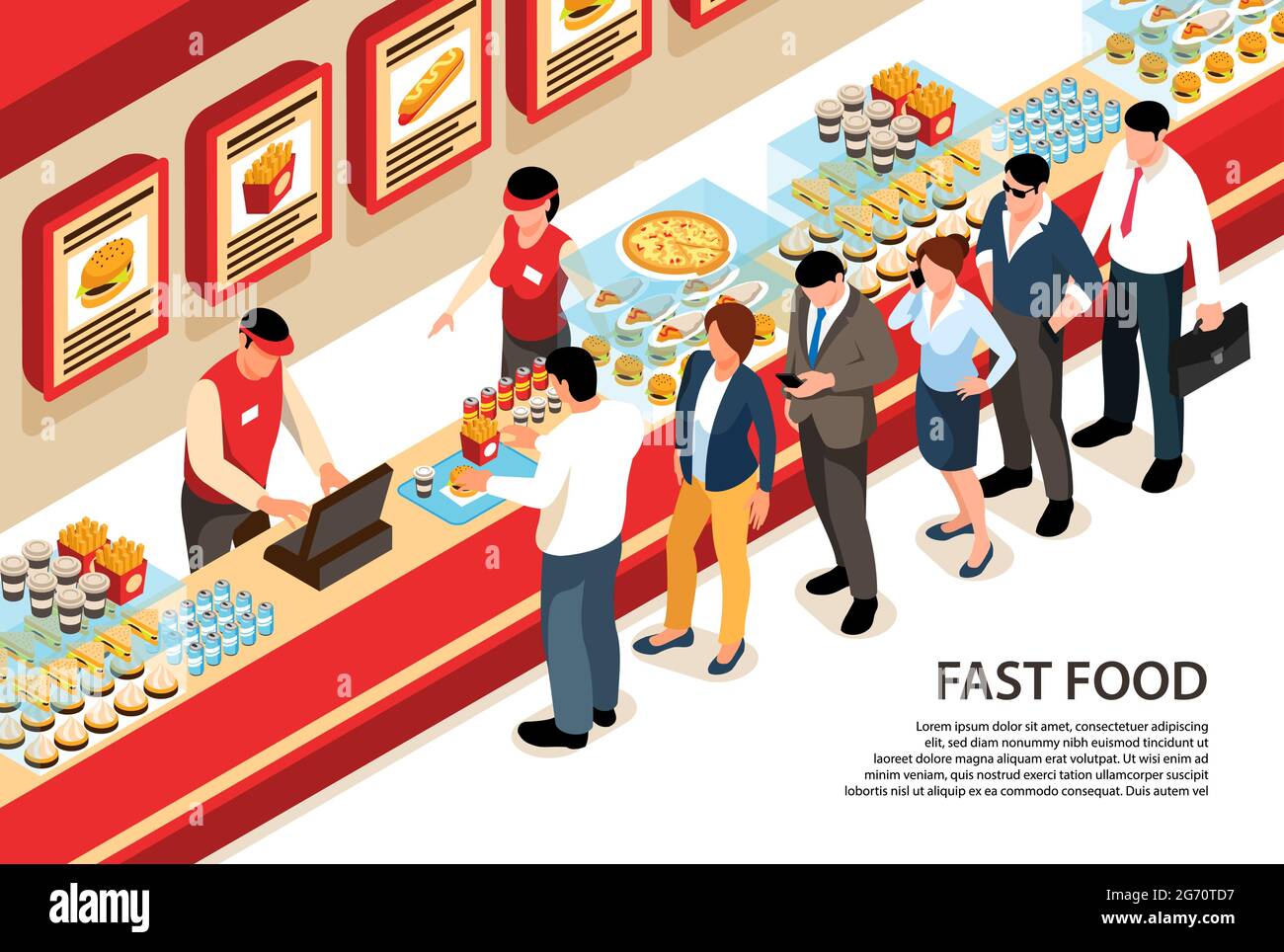 Isometric street food horizontal background with human characters standing  in queue at fast food cafe counter vector illustration Stock Vector Image &  Art - Alamy