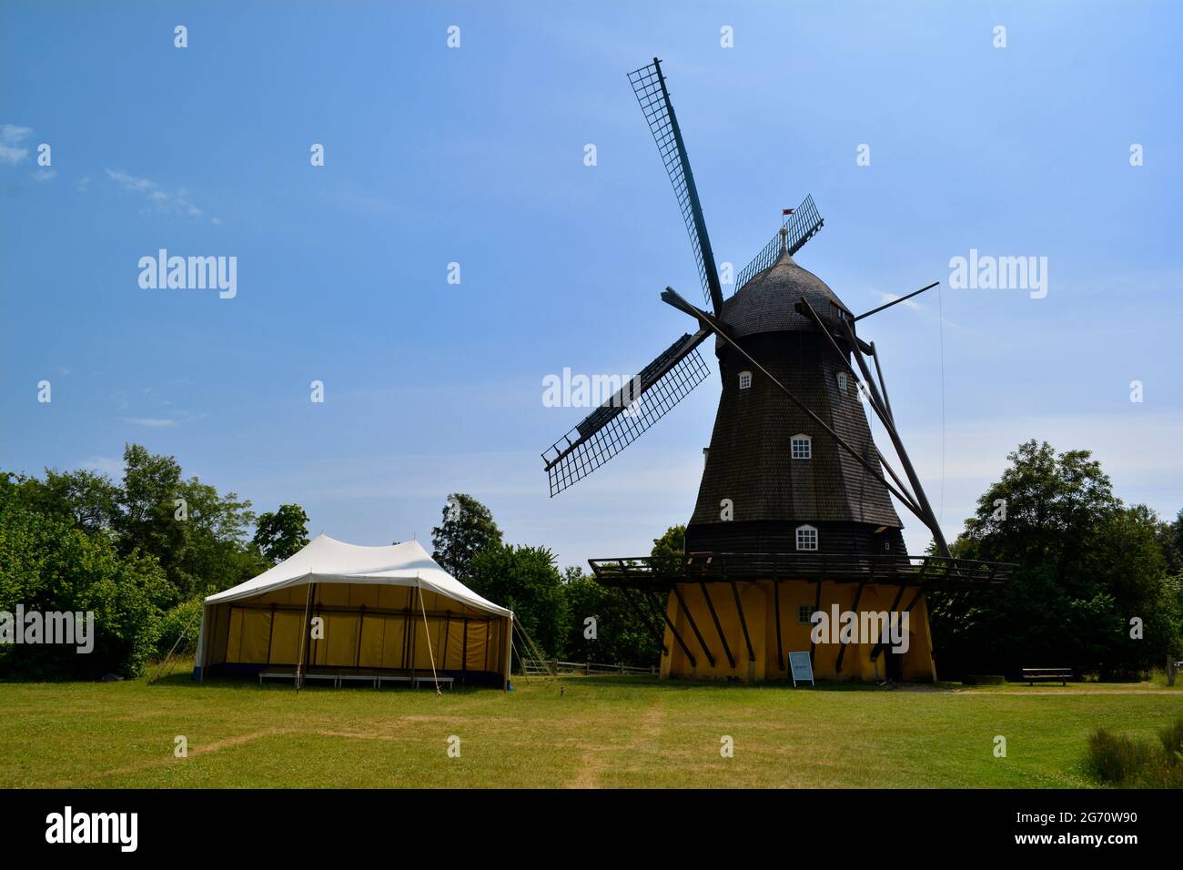 Lyngby, Denmark - July 2021: Fuglevad Windmill in Old Denmark, Open Air Museum (Frilandsmuseet) Stock Photo