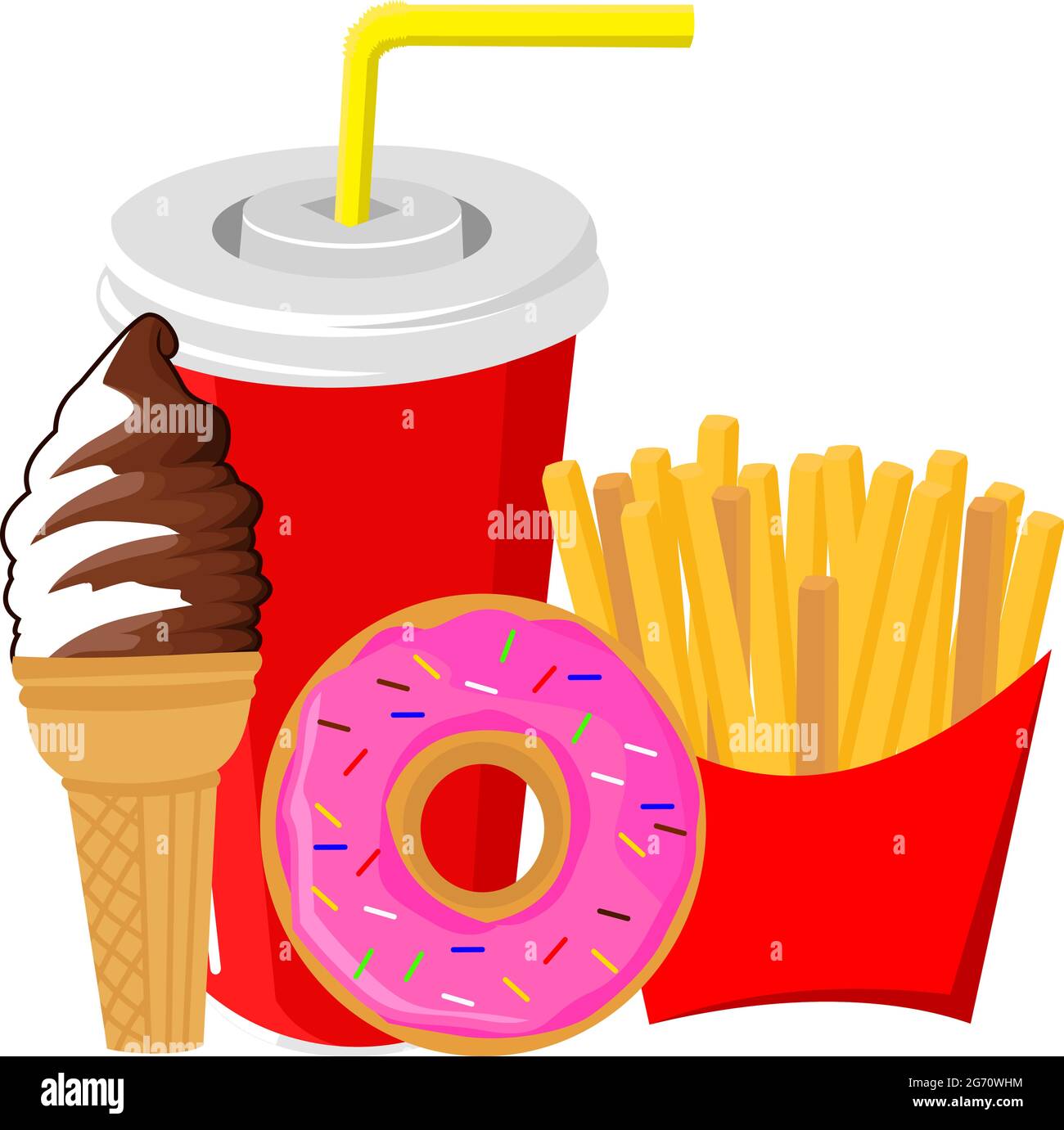 Fast food menu, regular ice cream with french fries, donuts and cola drink Stock Vector
