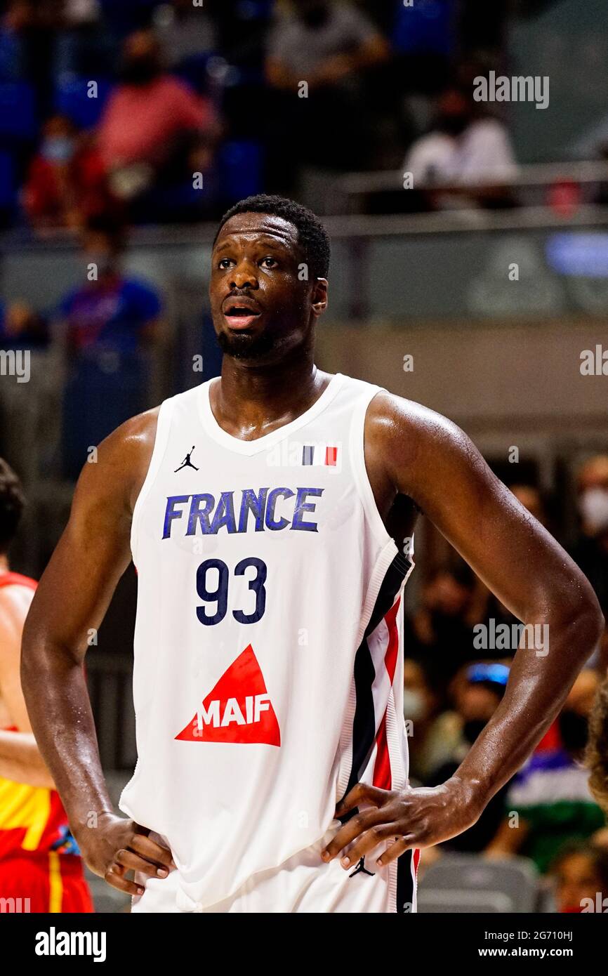 Malaga, Spain. 08th July, 2021. Moustapha Fall of France seen in action  during Spain vs France friendly match of basketball at Palacio de los  Deportes Jose Maria Martin Carpena in Malaga prior