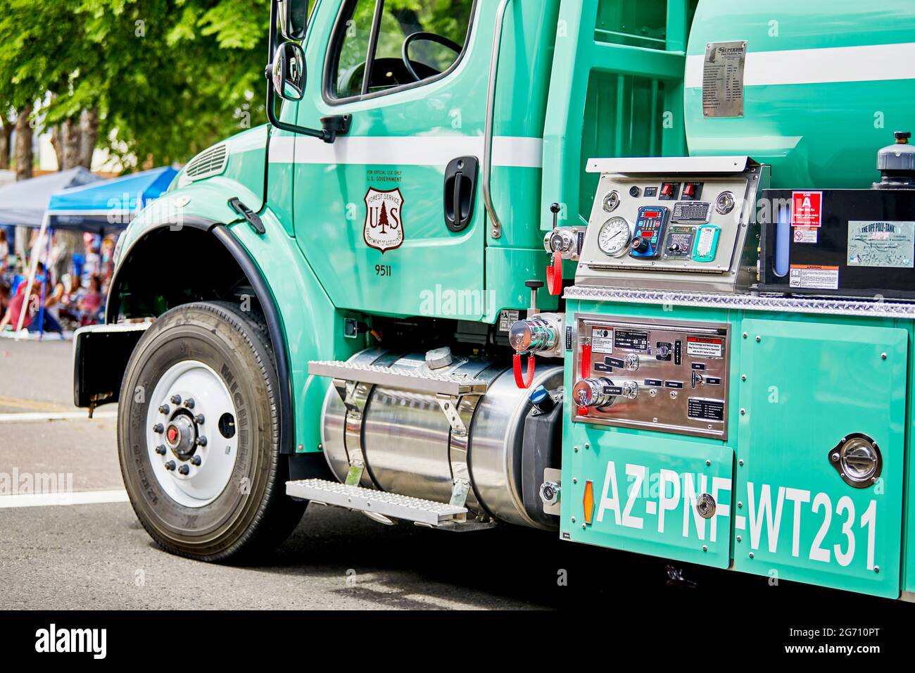 Prescott, Arizona, USA - July 3, 2021: Forest Service, Department of Agriculture semi tractor trailer truck in the 4th of July parade Stock Photo