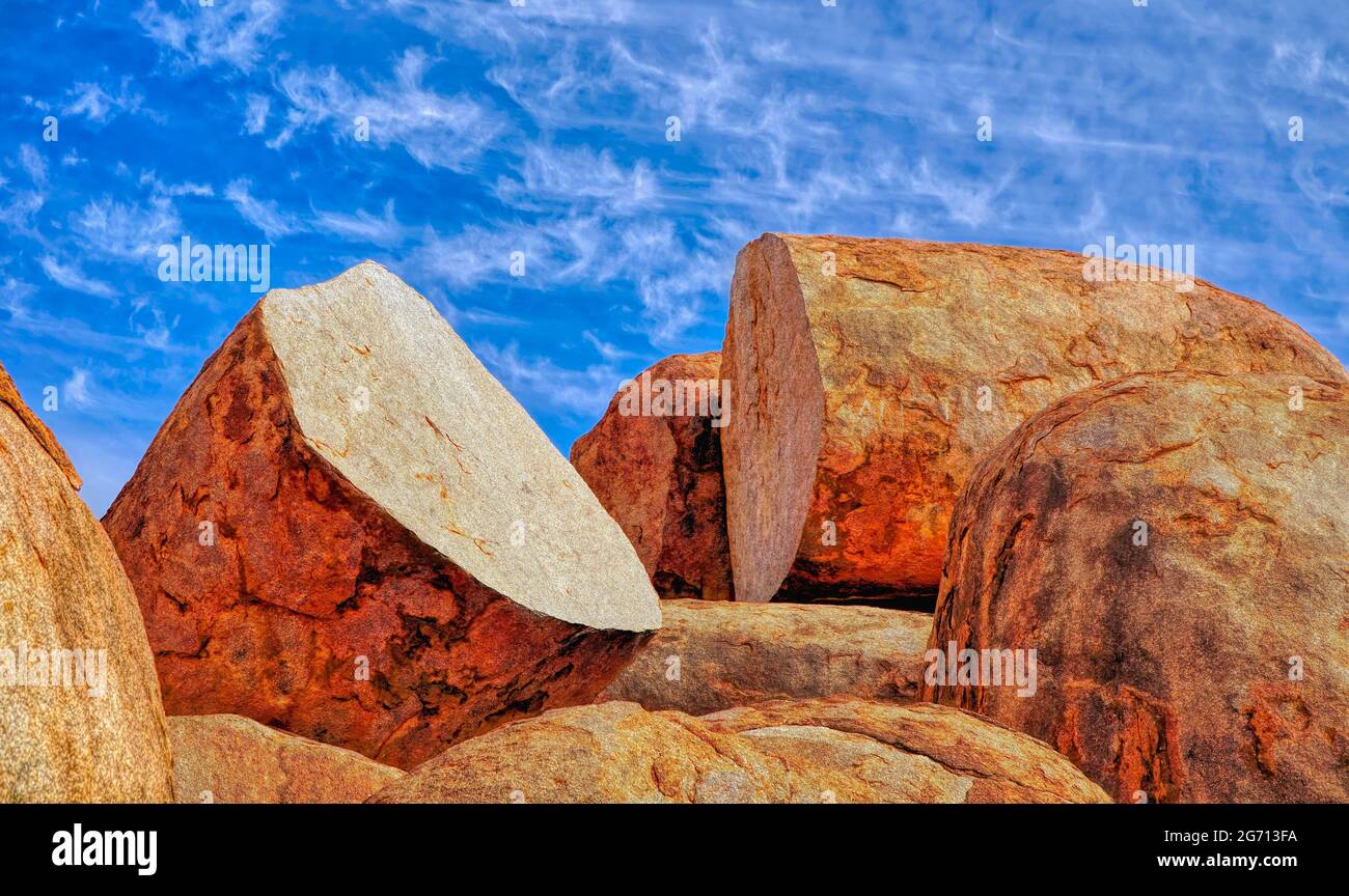 Devils Marbles Karlu Karlu Northern Territory of Australia , giant granite boulders formed by erosion with split rocks in Australian outback Stock Photo