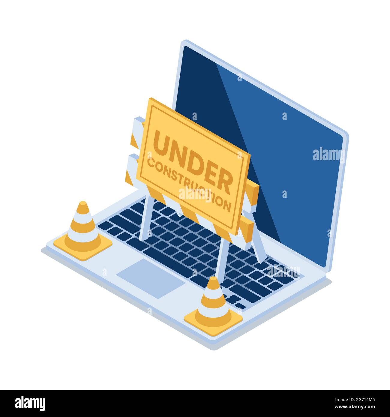 Flat 3d Isometric Laptop with Under Construction Barrier and Traffic Cones. Website Under Maintenance Concept. Stock Vector