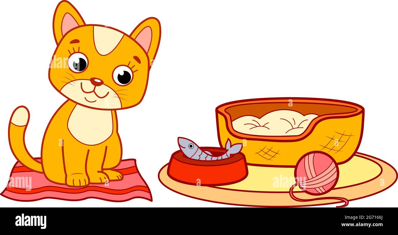 Cute cat cartoon. Cat bed clipart vector illustration Stock Vector