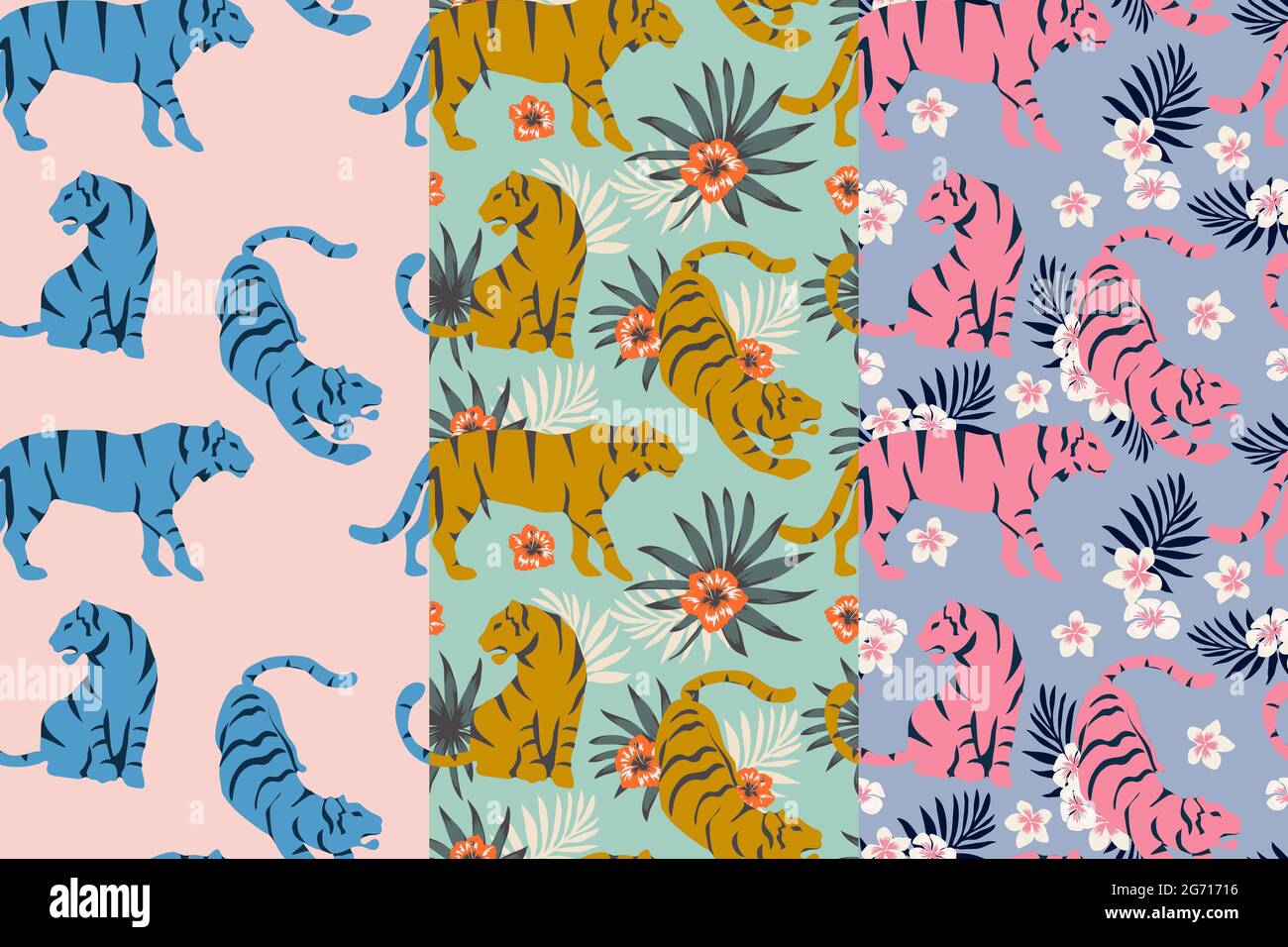 Set Vector seamless pattern with cute tigers with tropical leaves and ...