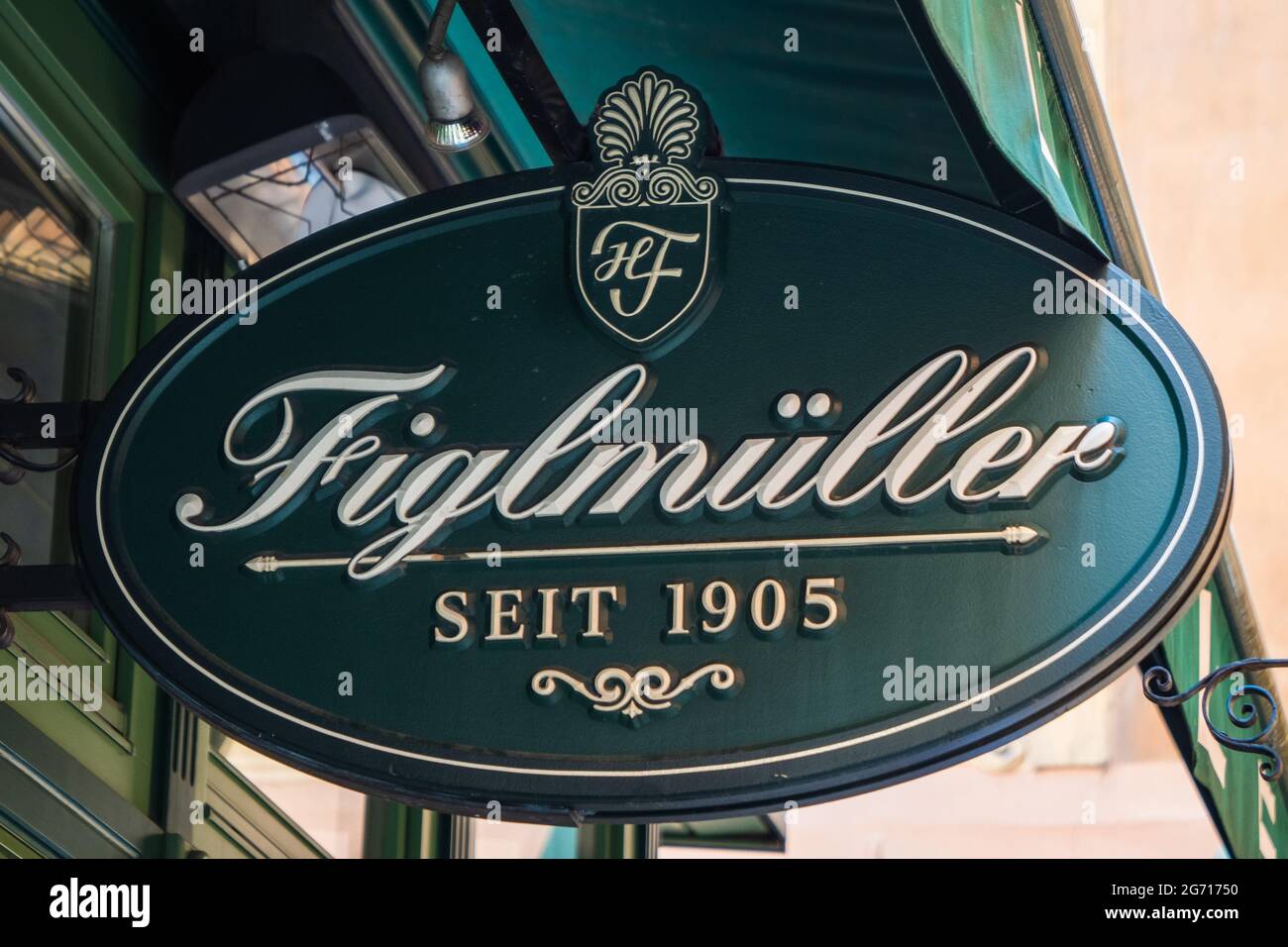 Vienna, Austria - June 4 2021: Figlmueller Restaurant Entrance Sign. An Inn Famous for its Wiener Schnitzel and Traditional Viennese Cuisine. Stock Photo