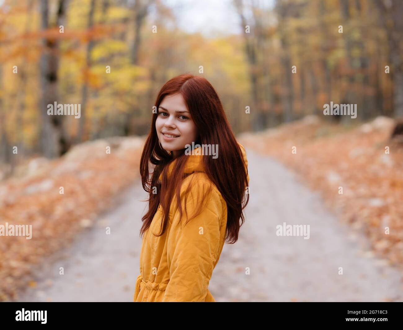 woman in yellow jacket forest road autumn traveler fresh air Stock ...