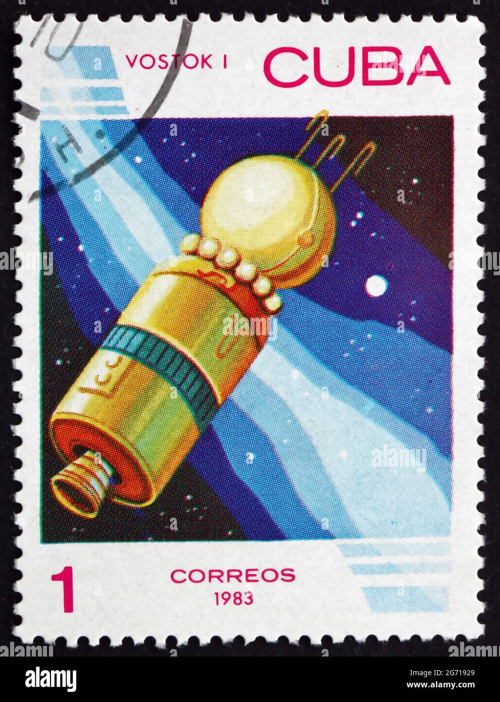 CUBA - CIRCA 1983: a stamp printed in the Cuba shows Vostok 1, the First Human Spaceflight in History, circa 1983 Stock Photo