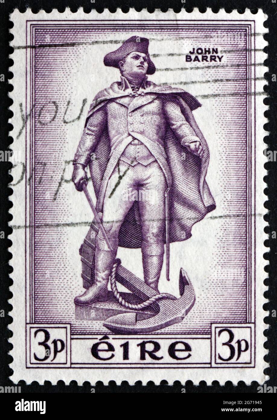IRELAND - CIRCA 1954: a stamp printed in the Ireland shows Statue of John Barry, an Officer in the Continental Navy during the American Revolutionary Stock Photo