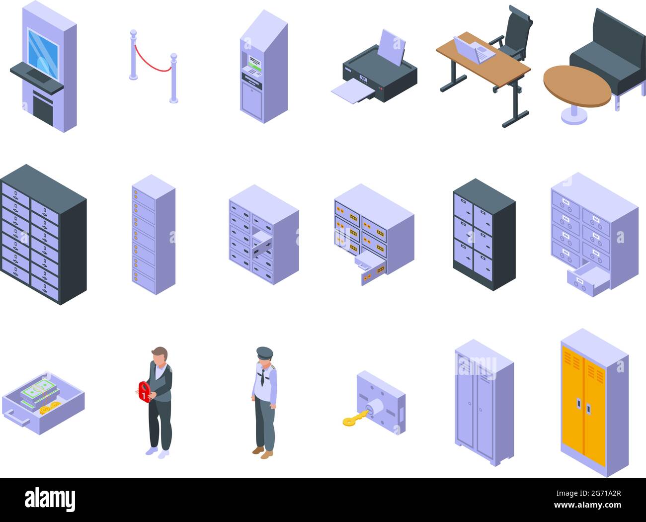 Deposit room icons set isometric vector. Money box. Access security Stock Vector