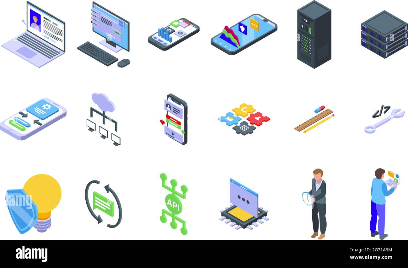 API icons set isometric vector. Develop code. Computer software Stock Vector
