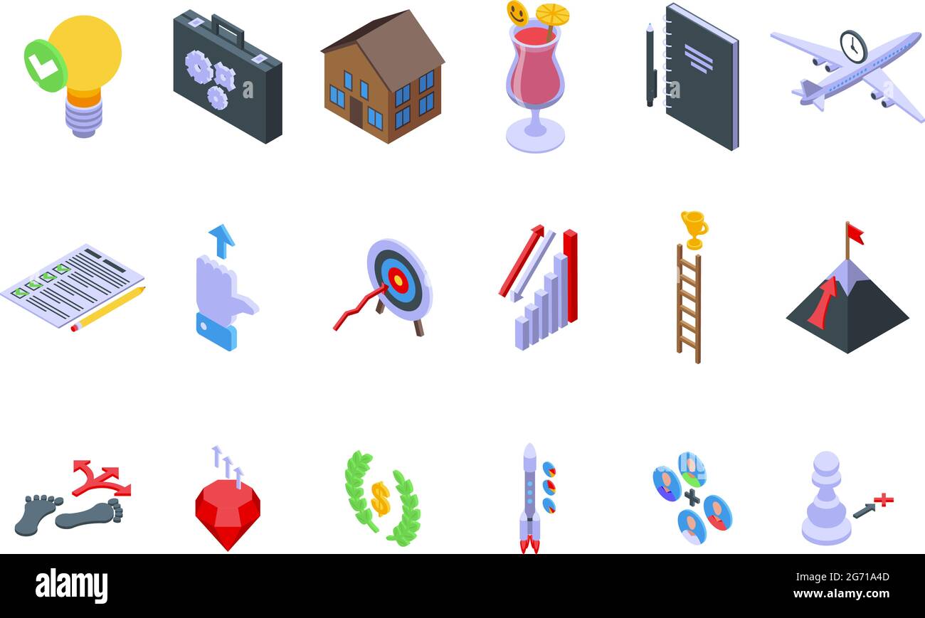 Realization icons set isometric vector. Dream self victory. Success forward Stock Vector