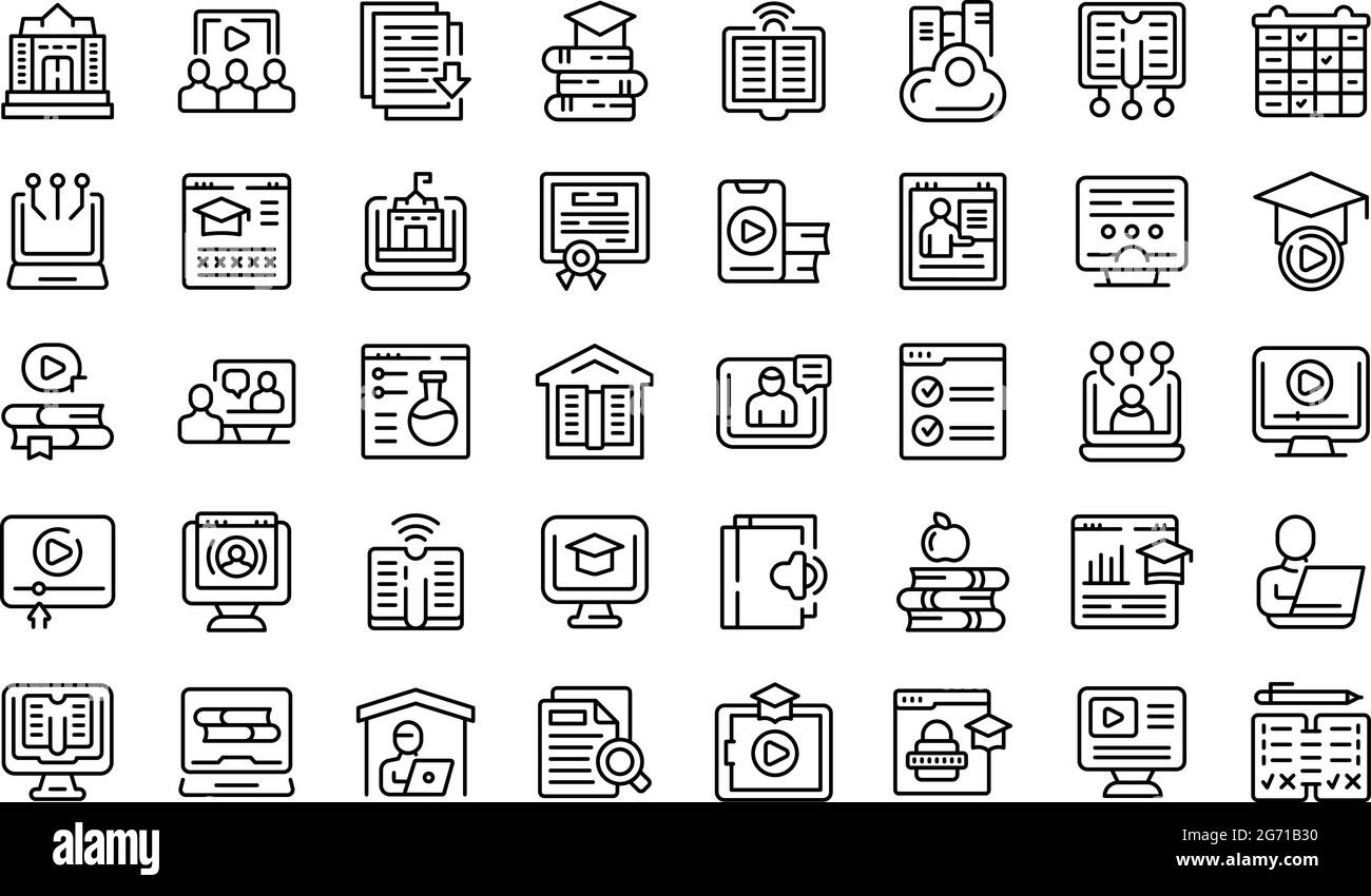 Home schooling icons set outline vector. Counseling scholarship. Computer cloud answer Stock Vector