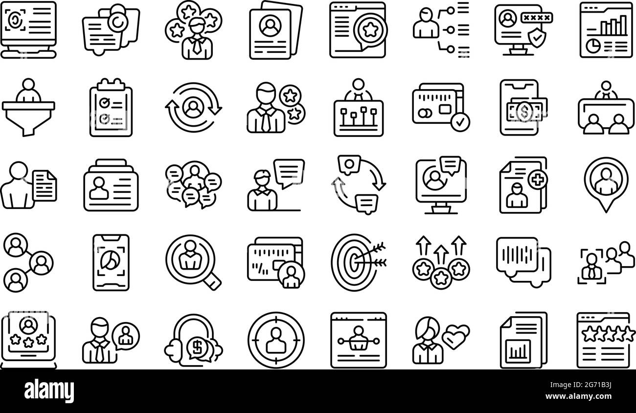 Know your client icons set outline vector. Card cms data. Customer digital business Stock Vector