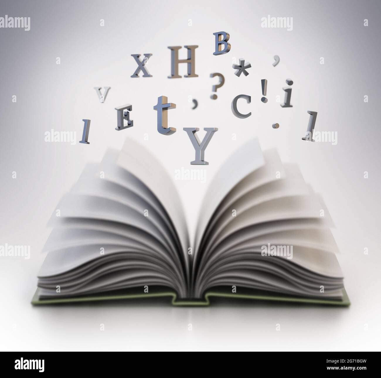 Open book with flying letters in the air. 3D illustration. Stock Photo