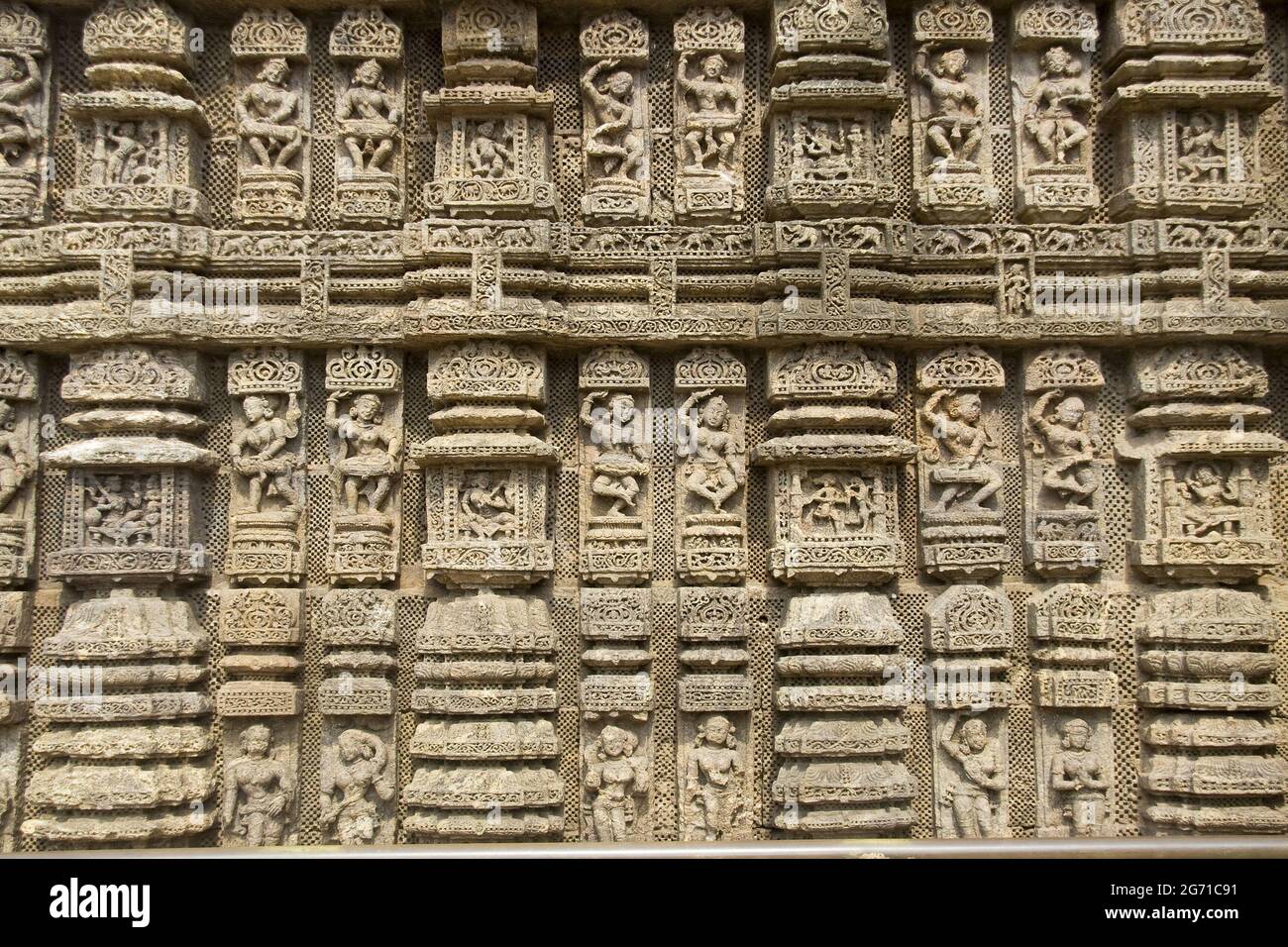 Of various music and dance poses by deft hands on wall of Sun Temple Konark India Asia Stock Photo