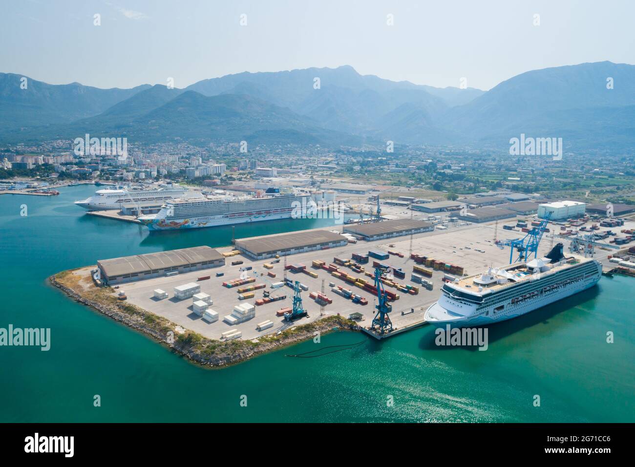 Bar, Montenegro - July 9, 2021: cruise ships Norwegian Spirit and Norwegian Getaway in port, aerial. Stock Photo