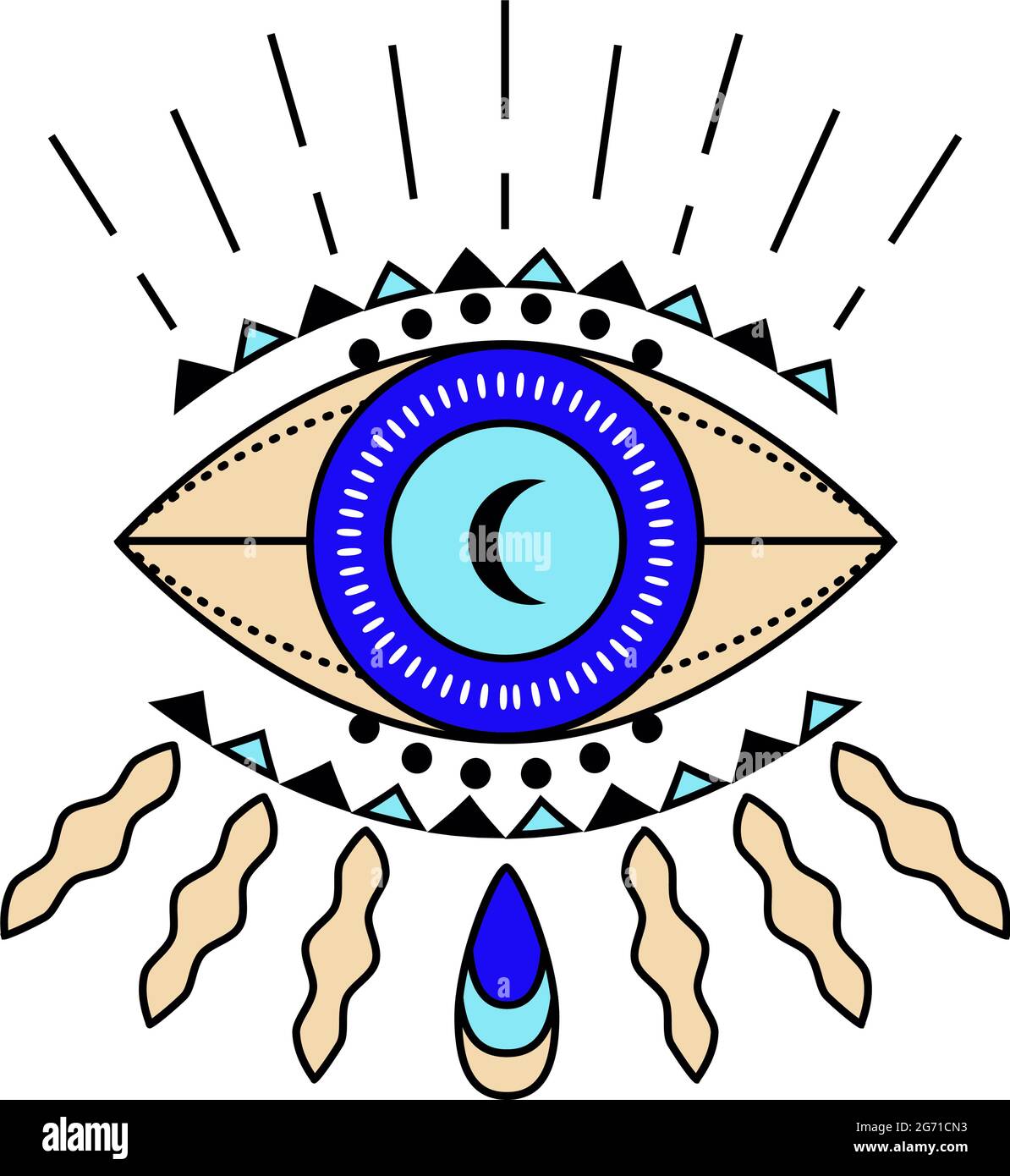 Evil eye icon vector. Colorful Eye of providence and esoteric symbols. Magic signs for tarot cards. Witchcraft talisman, alchemy and magic tattoo in l Stock Vector