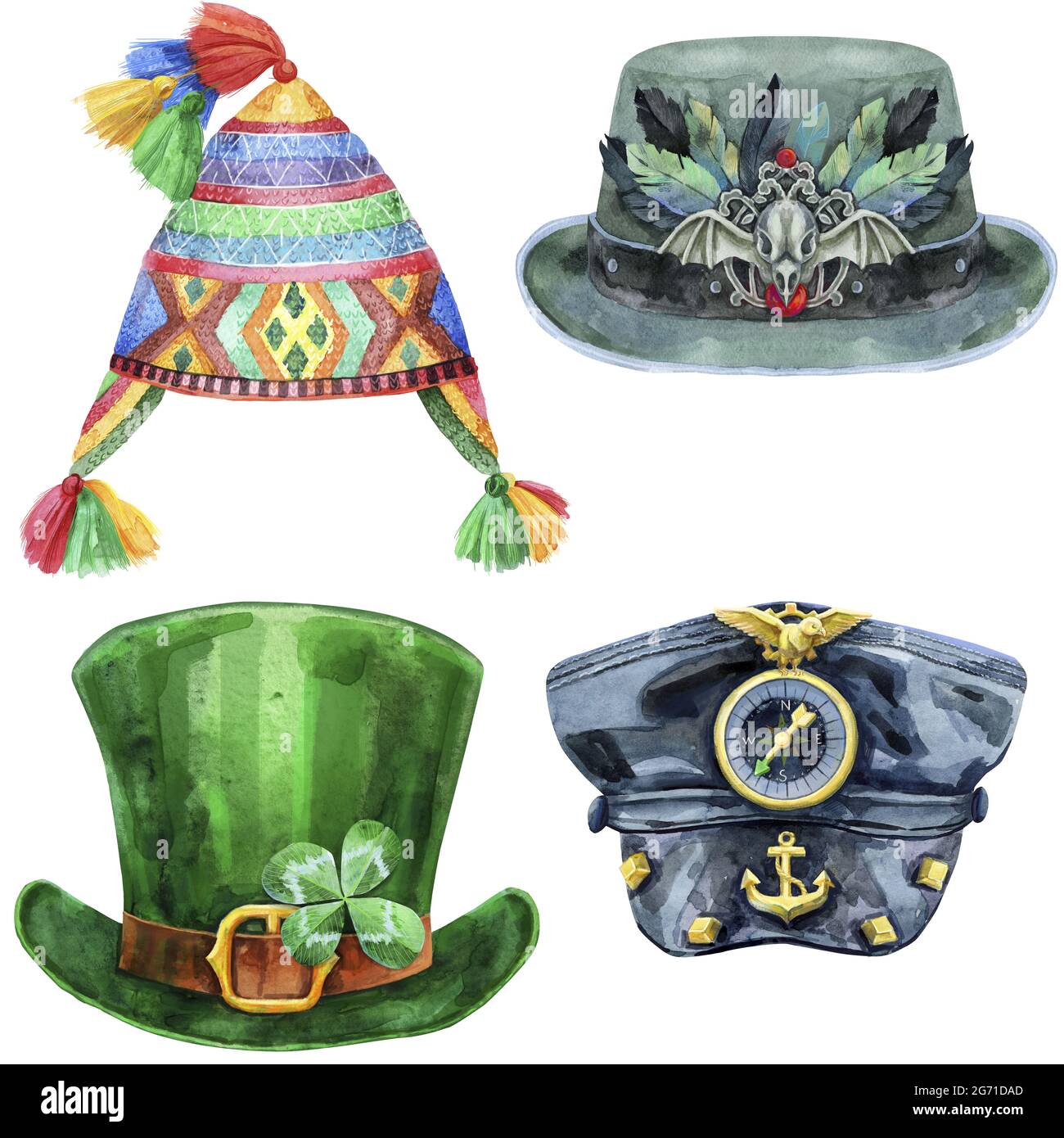 Watercolor illustration of winter colorful hat, halloween hat with with raven skull, Leprechaun green hat, black leather cap Stock Photo
